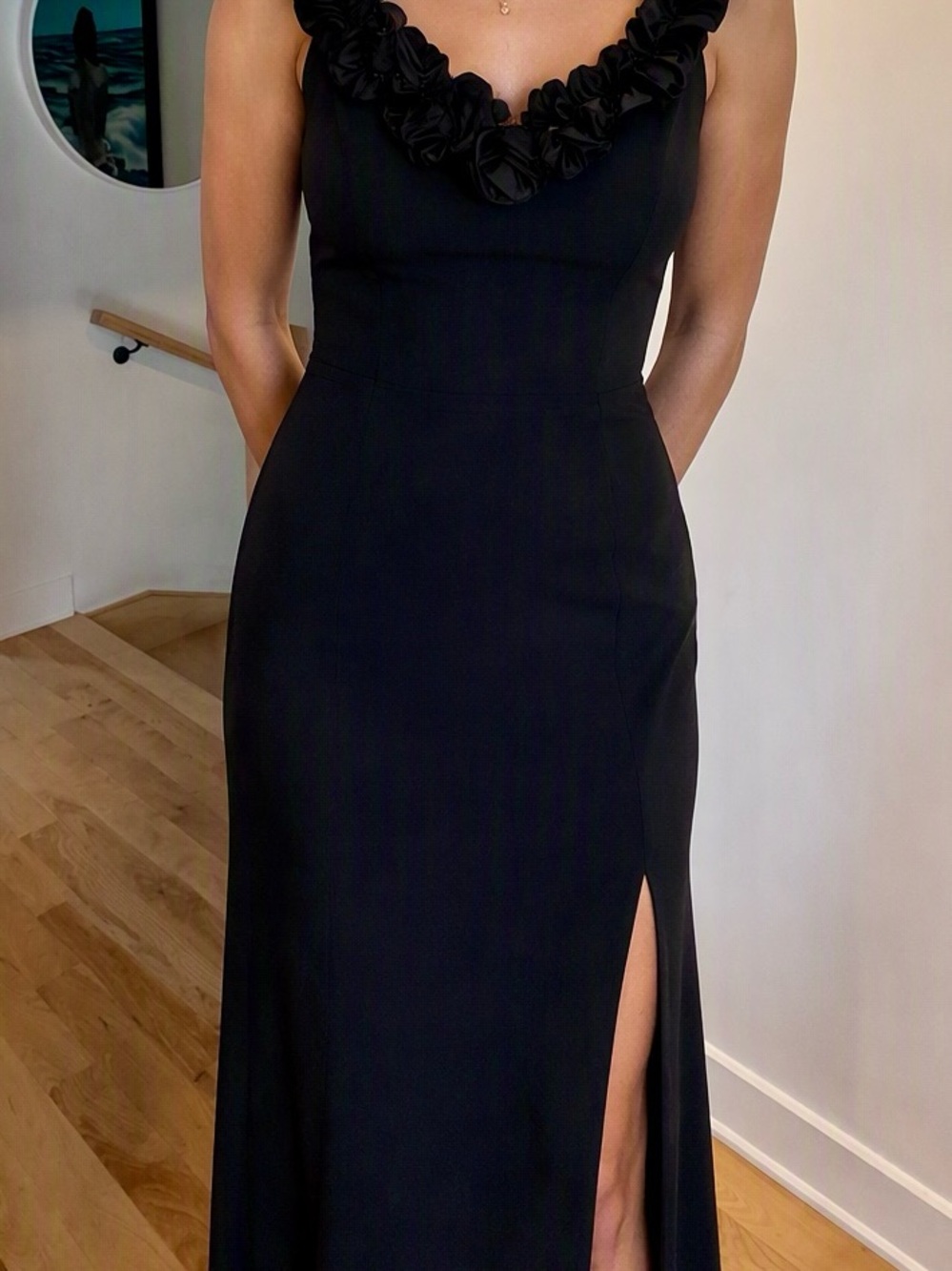 Blondie Nites Black Off-Shoulder Floral Trim Maxi Dress